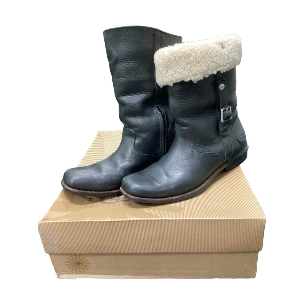 UGG Australia Boots Size 10 Leather And Sheepskin Box Extra Soles Black &Cream